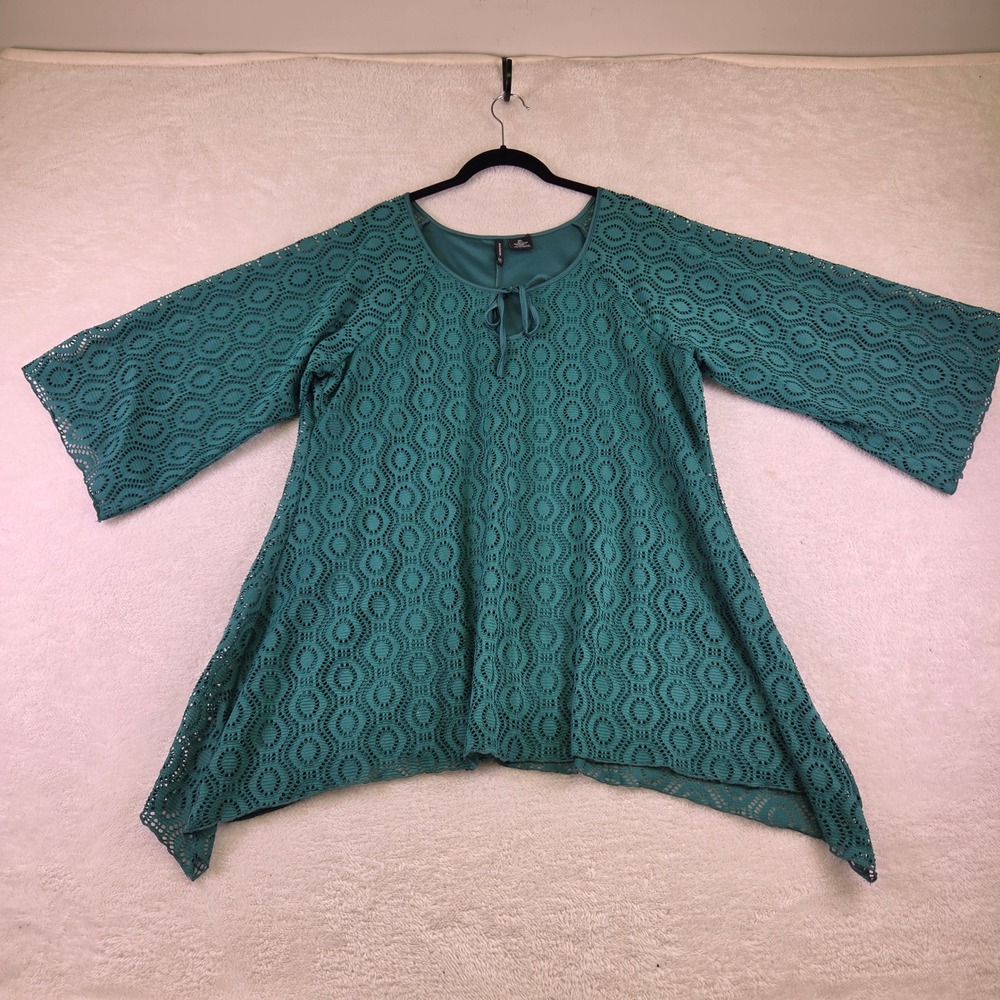 New Directions Teal Green Eyelet Lace Sharkbite Tunic Top XL Bell Sleeve Boho